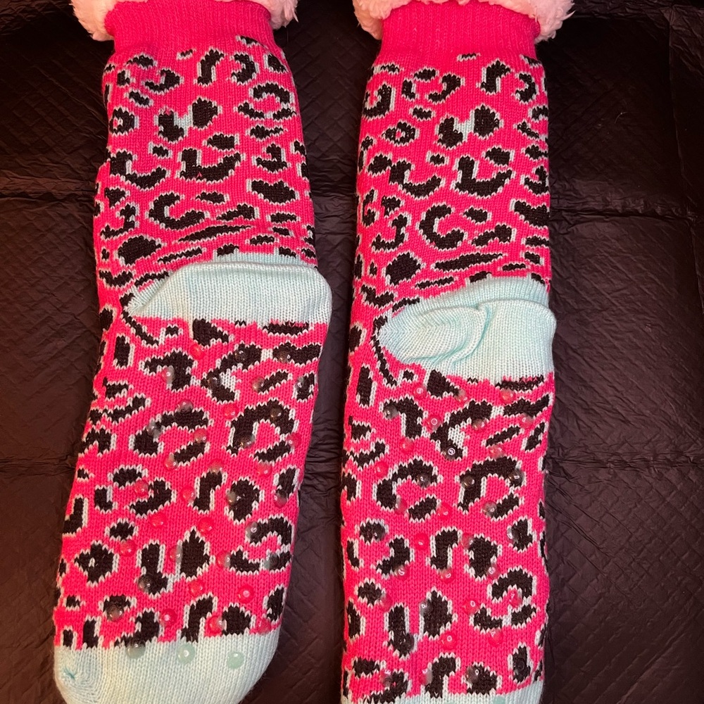 Pink and Black Leopard Print Fuzzy Fluffy Socks